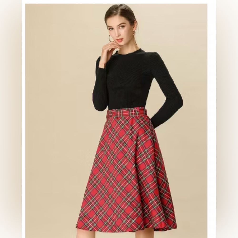Tartan High Waist Belted Vintage Skirt